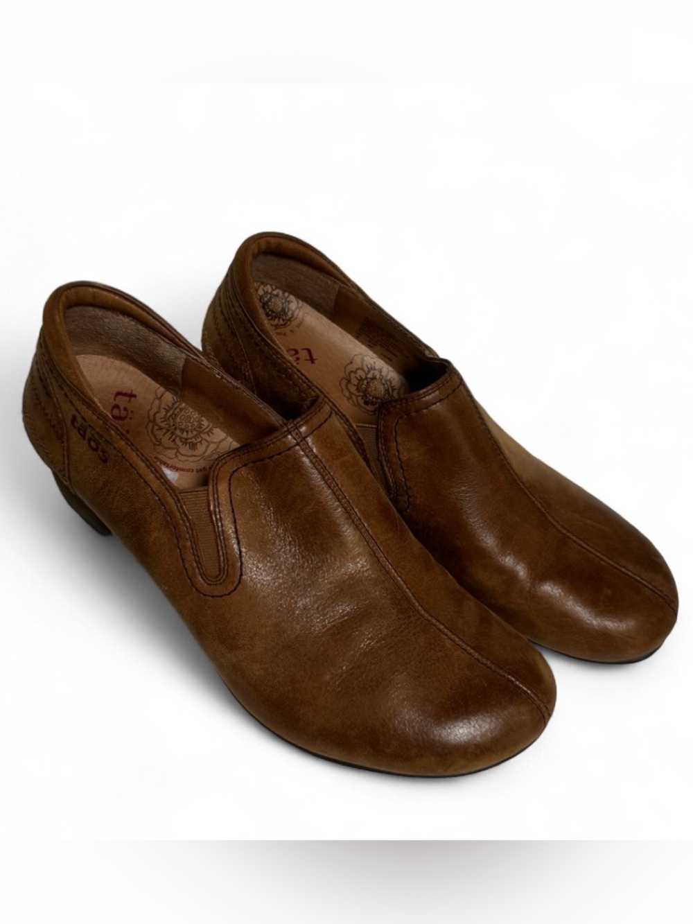 Taos Shuffle Brown Leather Slip On Loafers Stacked Heel Shoes Womens 9